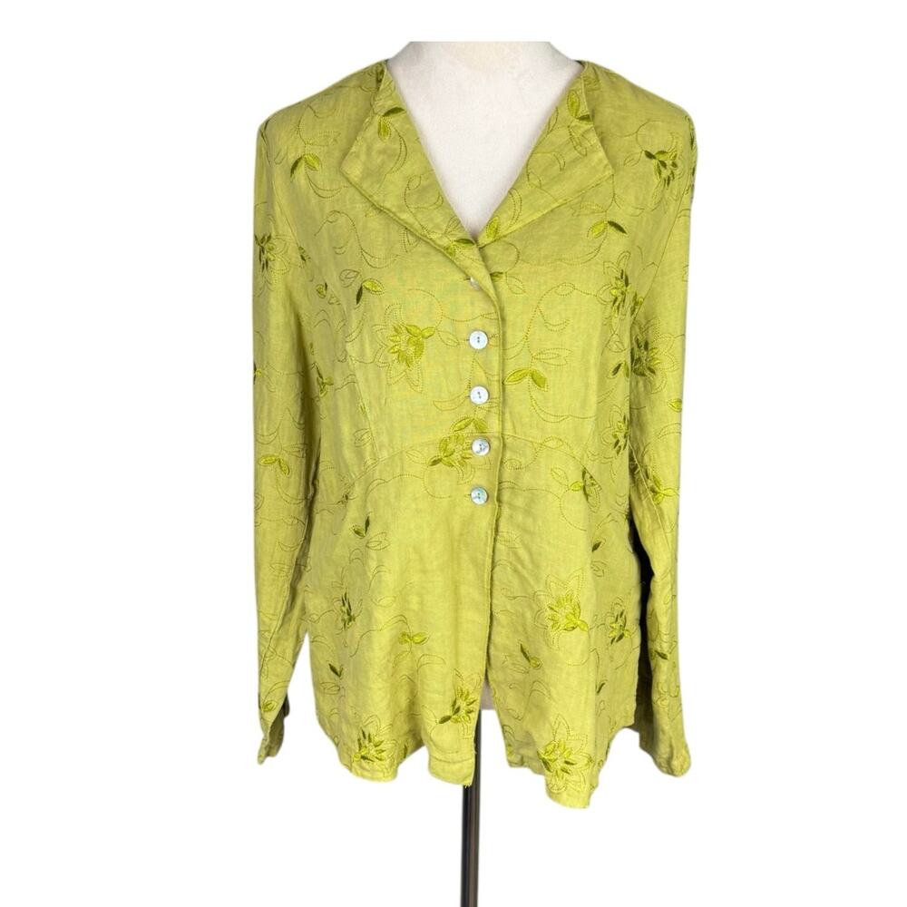 Russ Berens Lime Green 100% Linen Embroidered Floral Long Sleeve Shacket Top